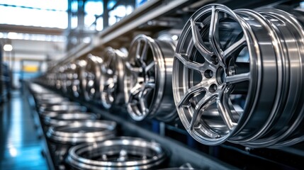 Panoramic shot of an industrial alloy wheel manufacturing plant, with the machinery line above performing precise molding operations