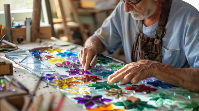 A stained glass artisan focuses intently, piecing together vibrant glass petals, crafting a stunning mosaic masterpiece in a sunlit studio.