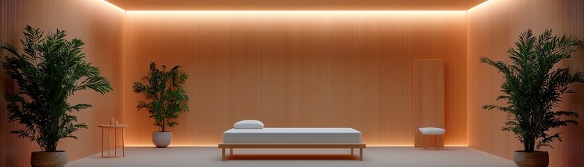 A serene, minimalist wellness room featuring a bed, ambient lighting, and greenery for relaxation and rejuvenation.