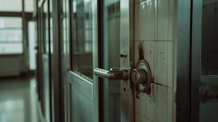 A dimly lit corridor with worn tiles and an old metal door handle, evoking mystery and abandonment.