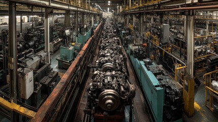 Panoramic shot of a bustling engine production line, where automated machines in the top section are bolting engine components. Rows of robust