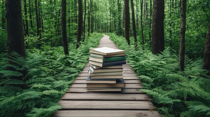 A path through a forest, with knowledge growing like trees on either side, symbolizing that learning is everywhere   knowledge forest, endless growth
