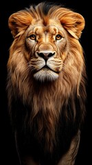 Fototapeta premium a beautiful and magnificient hyper realistic lion, looking deeply to the camera in a black background 
