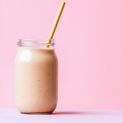A plant-based protein smoothie in a glass jar, with a bamboo straw, isolated on a pastel background.