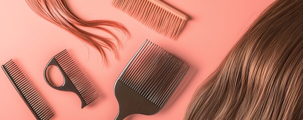 Brown hair strand, comb, and scissors arranged on a pale coral background. Aesthetic presentation for hairstyling.