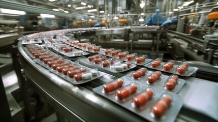 Panoramic shot of a pharmaceutical production line, with automated machines in the upper section assembling packets of tablets. In the center, blister packs are lined up with detailed labeling