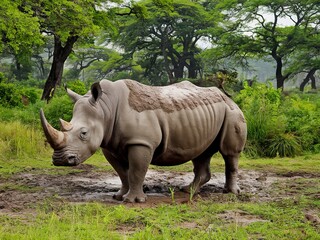 Obraz premium A rhinoceros standing in a muddy patch with a backdrop of lush greenery