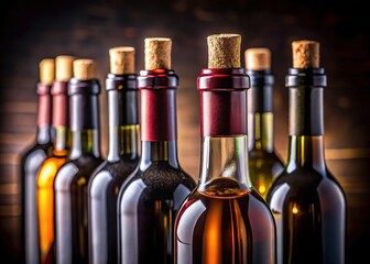 Premium dark glass wine bottles, detailed close-up, showcasing the fine cork.