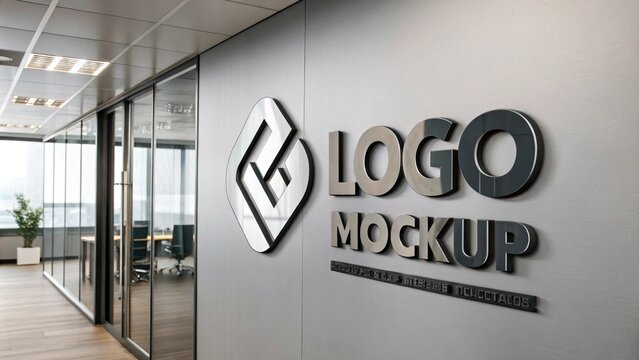 logo mockup with 3D glossy metal on an office wall.