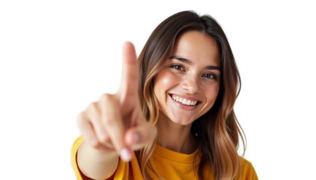 Smiling Woman Pointing - Powered by Adobe