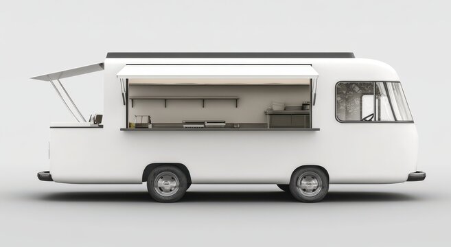 A white food truck with a window on the side. The truck is parked on a white background. Empty space for logo or text, mockup