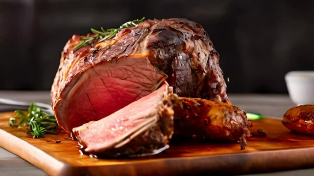 Video delicious standing rib roasted with cut off slice on wood cutting board. Holiday meal for family dinner celebrations