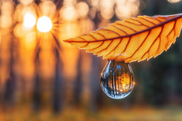 Water droplet reflecting autumn forest hanging from a leaf