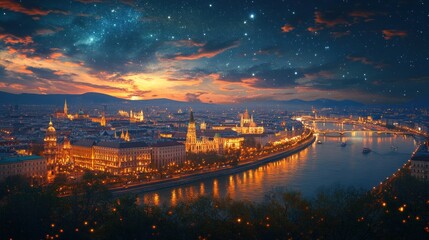 Fototapeta premium Night Cityscape with River and Stars