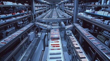 Panoramic view of a pharmaceutical manufacturing facility, with conveyor belts in the top section handling small packets of powder medication. The center area has neatly organized rows of sachets