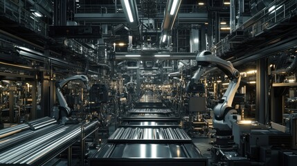 Panoramic view of a stainless steel manufacturing facility, with robotic arms and machines in the upper section processing raw steel. The center is filled with shiny