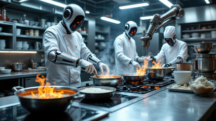 Three robots working together to prepare a meal in a professional kitchen setting.