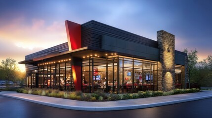 A restaurant with a red roof and a black facade. The restaurant is open and has a lot of windows