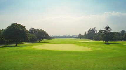 Scenic View of a Lush Green Golf Course, Dotted with Trees Under a Clear Blue Sky on a Sunny Day