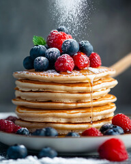 A stack of fluffy vegan pancakes topped with fresh berries, maple syrup, and a dusting of powdered sugar.