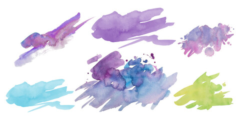 Set of Acid spots in watercolor technique.Purple,blue yellow-green and lilac colors in a dynamic movement.Big brushstrokes,spots and splash for cards,flyers,poster,banner.Painted template for design.