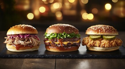 Three different types of burgers are displayed on a wooden table. The burgers are topped with various ingredients, including pickles, cheese, and bacon