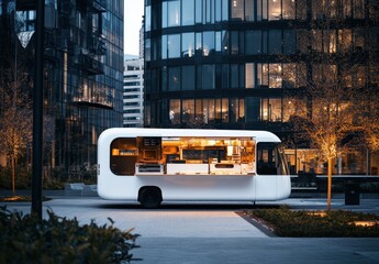 White food truck with an open kitchen, parked in front of modern buildings