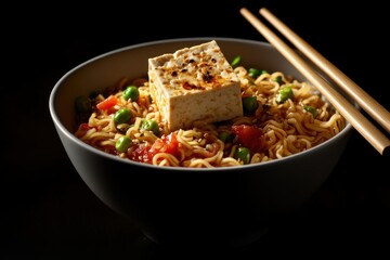 A bowl of noodles with a piece of tofu on top. The bowl is filled with a variety of vegetables and the tofu is placed on top of the noodles. The image has a warm and inviting mood