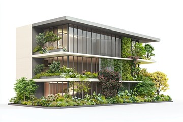 Fototapeta premium 3d miniature grey and cream realistic vector luxury hotel side view with modern architecture and greenery plant and flowers 