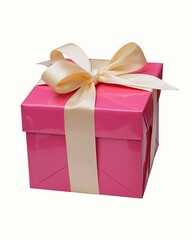 Obraz premium A vibrant pink gift box with a cream-colored ribbon tied in a bow on its top isolated on white background