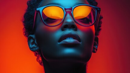 Woman wearing stylish sunglasses poses confidently against a vibrant orange and blue background showcasing modern and expressive fashion aesthetics