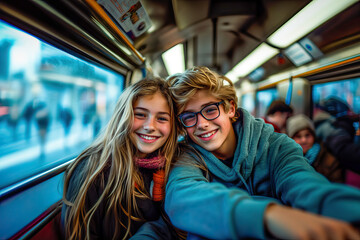 Teenage couple traveling by train