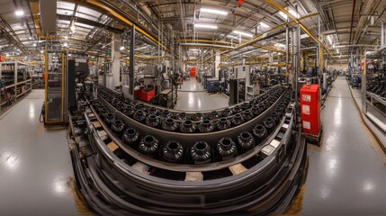 Obraz premium Wide-angle panorama showing an advanced bottle manufacturing line. The top area is filled with machinery working continuously