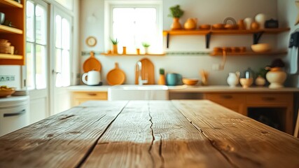 A Rustic Wooden Tabletop in a Kitchen with a Blurred Background of Wooden Shelves and a Sink