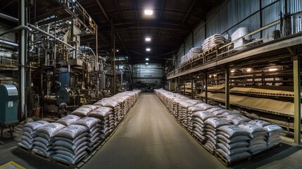 Fototapeta premium Wide-angle panoramic view of a chicken feed factory, where machinery at the top section mixes ingredients. In the center, rows of sealed feed bags are neatly stacked