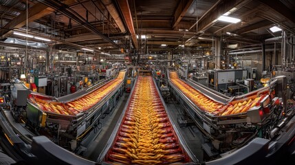 Wide-angle panoramic view of a snack production plant, where machines at the top process and season potato chips