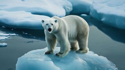 A polar bear stands on melting ice as the glacier melts 