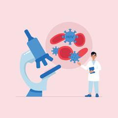 Male doctor examining infected blood with HIV virus under microscope. Vector illustration in flat style.