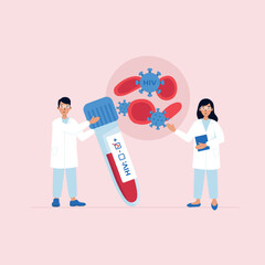 Male doctor holds HIV test tube while female doctor examining infected blood with virus. Vector illustration in flat style.