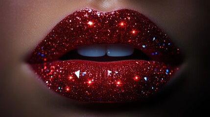 Bold red glitter lips create a striking visual statement against a dark background, showcasing beauty and artistry in makeup design during a creative photoshoot