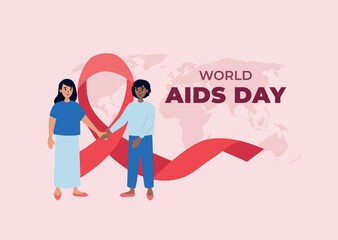 Females of different nationalities supporting each other. Gay couple holding hands. World AIDS day banner. Vector illustration in flat style.