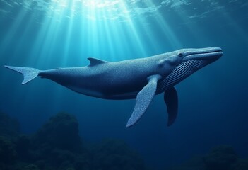 Fototapeta premium Whale of Wonders: A Stunning Side-Facing Whale Adorned with Sapphires Swimming Gracefully Through the Ocean Depths, Illuminated by Sunlight and Surrounded by Marine Life