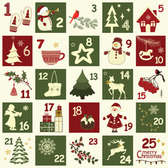 Christmas advent calendar with Christmas symbols. Winter holidays poster