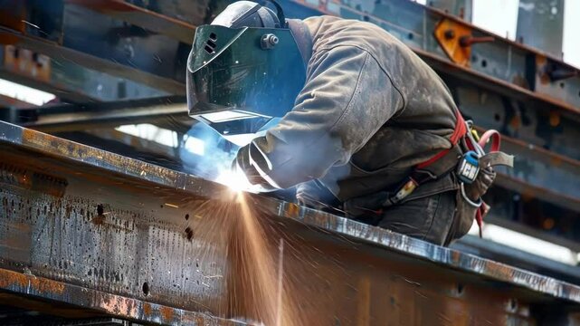 A worker uses a welding torch to join two metal pieces together which will eventually form part of the roof of the underpass.