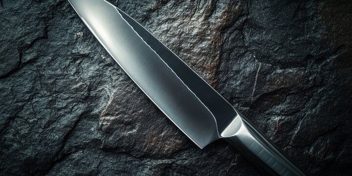 High-quality kitchen knife resting on dark textured stone surface with sharp edge reflecting light in a well-lit environment