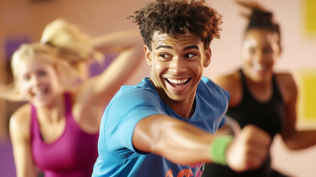 Energetic group fitness class with smiling participants enjoying cardio workout - Powered by Adobe