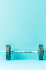 Weightlifter doing overhead press on blue background