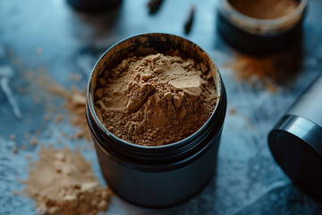 Empty mockup of protein powder jar on dark background generated.AI
