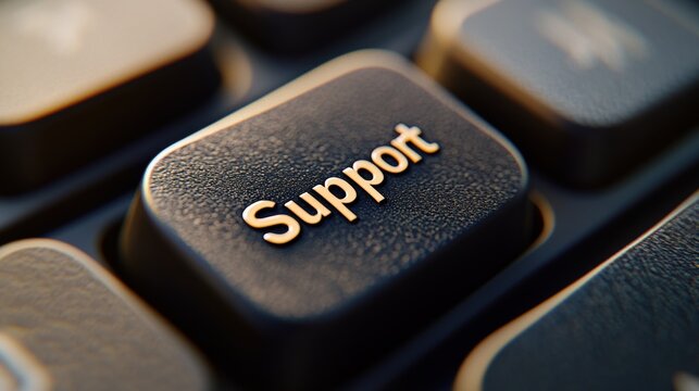 Close-up of a computer keyboard's support key highlighting essential computer functions and user assistance in a modern workspace environment