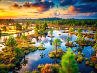 Fototapeta premium Sun-drenched reeds and water shimmer, Poland's swamp captured in miniature.